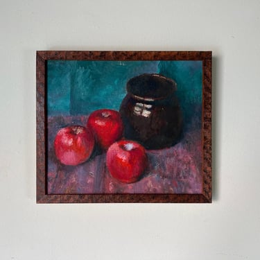 1980's Vintage Red Apples & Vase Still Life Oil Painting, Framed 