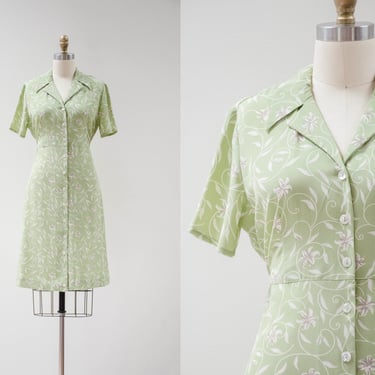 lime green mini dress | 90s y2k vintage light green white floral short sleeve tie back button down dress 