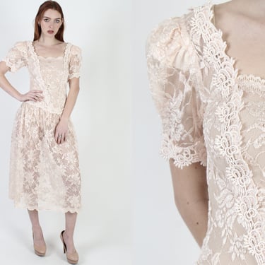 1980's Art Deco Floral Lace Dress, Vintage See Through Sheer Pale Pink Wedding Gown 