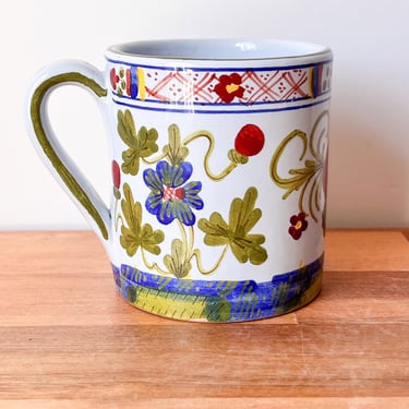 Italian Handpainted Earthenware Coffee Mug. Faenza Blue Carnation Mug. 