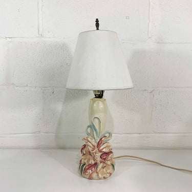 Vintage Lamp Table Light Lampshade Iris Pink Green Flower William F. B. Johnson Accent Lighting Ceramic Bedside Nightstand 1950s 