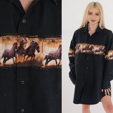 Western Horse Shirt 90s Black Pearl Snap Button up Cowboy Shirt Rodeo Horses Print Long Sleeve Vintage 1990s Cumberland Outfitters Men's XL 