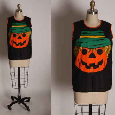 1970s Black, Orange, Green and Yellow Sleeveless Pullover Jack-o-Lantern Halloween Shirt Costume -S 