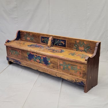 Antique Eastern European Hand Painted Pine Long Storage Bench