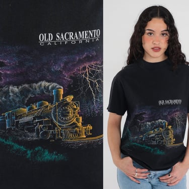 90s Train Shirt Old Sacramento California Tshirt Night Sky Lightning Graphic Railway Travel Black Full Moon Retro Tee 1990s Vintage Medium 
