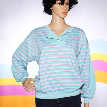 Vintage 1980s Aqua Striped Top | Medium | i-15 