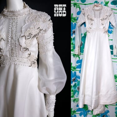 Intricate Beaded Vintage 70s Victorian Style Boho Hippie Wedding Dress 