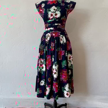 Vintage Patty O'Neil Navy Floral Dress w/ Bow XS