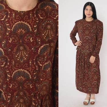 90s Paisley Dress Gold Trim Puff Sleeve Dress Maroon Button Back Midi Dress 1980s Secretary Long Sleeve Vintage 1990s Medium Petite 10 