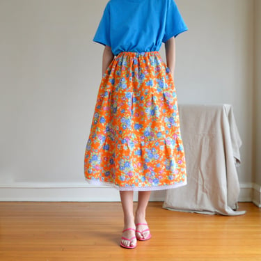orange floral cotton tiered full midi skirt with elastic waist and lace trim 