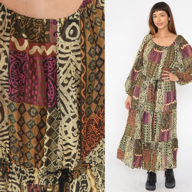 Long Peasant Dress 80s Patchwork Print Maxi Bohemian Dress Hippie Boho Tiered Olive Green I Magnin High Waist Vintage Festival Large xl 