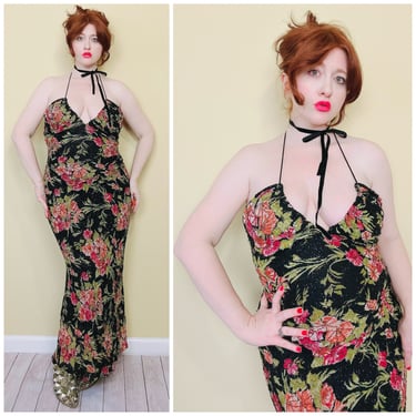 1990s Vintage Stenay Rayon Red Floral Bias Cut Dress / 90s/ Nineties Halter Beaded Low Neck Maxi Dress / Size Large 