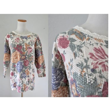 Vintage Floral Sweater - Pullover Knit Sweatshirt - Scallop Neckline - 90s Top - Size Large 