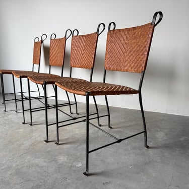 Vintage Ched Berenguer-Topacio Style  Woven Leather and Iron Frame Dining Chairs - Set of 4 