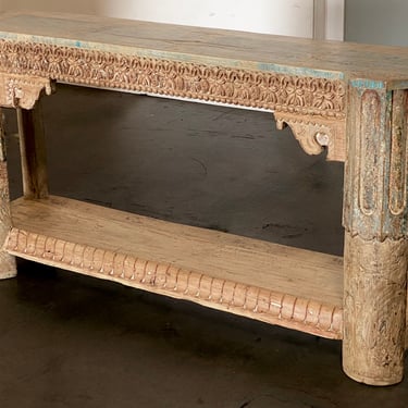 Beautiful Hand Carved Natural Teak Console Table with Shelf from Terra Nova Designs Los Angeles 
