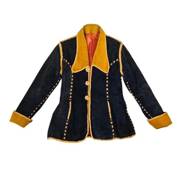 Vintage 1970's Midnight Blue Tan Whip Stitched Suede Coat I Jacket I Sz Med I Sz 42