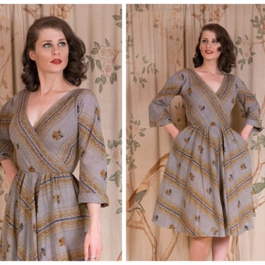 1950s Dress - The Chanterelle Dress - Vintage 50s Day Dress in Woven Wool by Anne Fogarty with Autumn Grey and Mustard Palette 