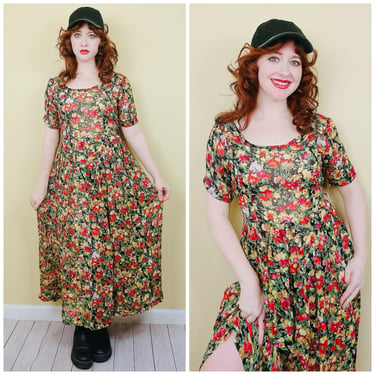 1990s Vintage Red and Yellow Chiffon Sheer Dress / 90s Grunge Floral Smock Dress / Size Large 