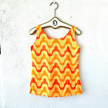 Vintage 60s 70s Neon Psychedelic Tank Top Bright Orange Yellow Swirl Shirt 