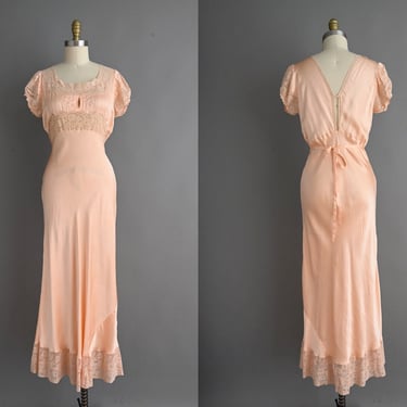 Vintage 1940s Lingerie Slip Dress | Romantic Peach Pink Silk Satin Puff Sleeve Dress | Medium 