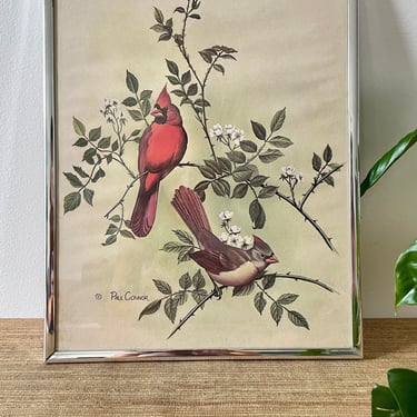 Vintage Bird Art - Pair of Cardinals Framed Art by Paul Connor - Red Cardinals in Silver Tone Frame - Male and Female Cardinals 