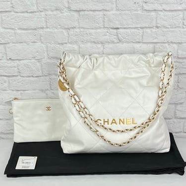 Chanel 22 Small Hobo Shiny Calfskin & Gold-Tone Metal, White
