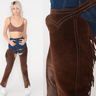 Brown Suede Chaps 70s Fringe Leather Pants Vintage Assless Chaps Cowboy Rodeo Pants Skinny Cowgirl Club Festival 1970s Rave 2xs xxs 