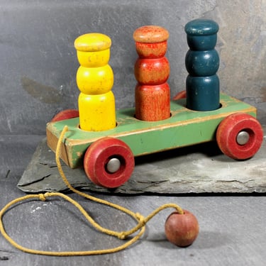 FOR TOY COLLECTORS! Vintage Wooden Peg Pull Toy - Classic Wooden Wagon with Pegs - Preschool Pull Toy - Vintage Wooden Toy | Bixley Shop 