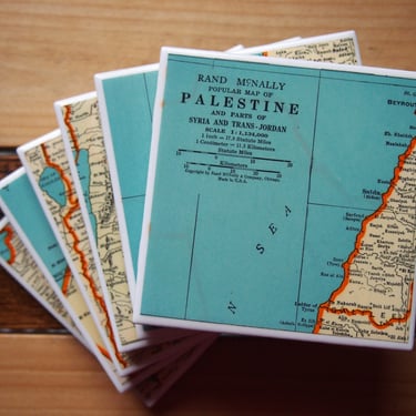 1940 Palestine Map Coaster Set of 6. Gift Palestine Coasters. Tel Aviv. Gaza strip. West bank. Jerusalem Map. Jordan. Syria. Middle East map 