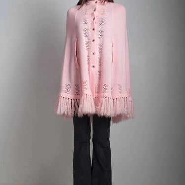 poncho cape, pink poncho, knit cape, eyelet scalloped tassel fringe vintage 70s ONE SIZE S M L small medium large 