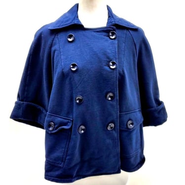 European Culture 3/4 Sleeve Pea Coat Jacket  Double Buttons Short Pockets Blue S 