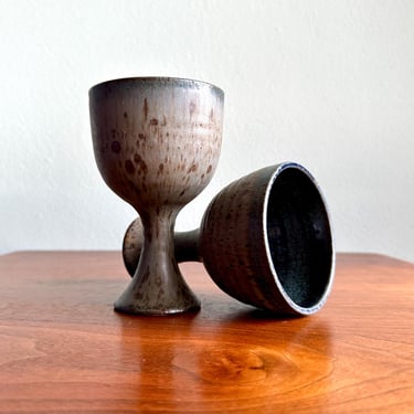 Ted Scatchard goblets / pair of blue midcentury pottery wine cups by Vermont artist 