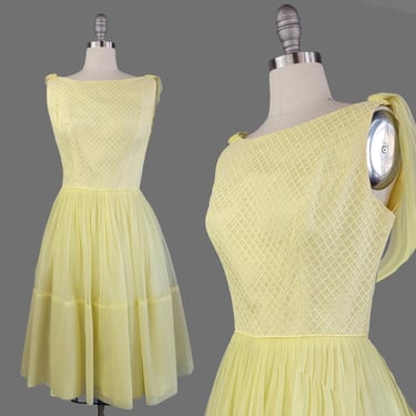 1950s Dress / Yellow Chiffon Party Dress / 1950s Cocktail Dress /Yellow Cocktail Dress / 1950s Fit and Flare Dress / Size Large 