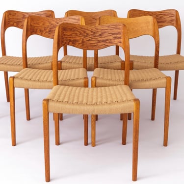 6 Niels Moller Chairs, model 71, Oak, 1950s, Danish Vintage, Set of 6, Papercord seats 