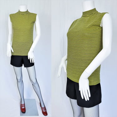 1970's Black Neon Green Cotton Stripe Sleeveless Top I Shirt I Sz SM I MOD I T Shirt 