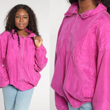 Hot Pink Silk Jacket 90s Zip Up Windbreaker Jacket Retro Bomber Jacket Bright Streetwear Plain Basic Warm Up Vintage 1990s Extra Large xl 