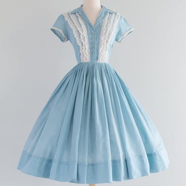 The Prettiest 1950's Cotton Voile &amp; Lace Dress By Casino of California / Small