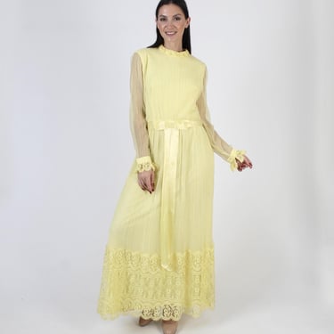 Miss Elliette Yellow Chiffon Dress, Vintage Pleated Party Gown, Long See Through Lace Sleeves, Medium 