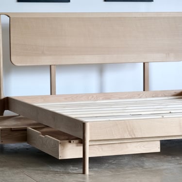 Walnut Modern Platform Bed | Handmade Mid Century Wood Storage Bed | Custom Hardwood Bedframe with Headboard, King Queen Full or Twin 