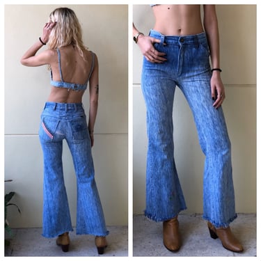 Vintage Ely Denim Jeans / Embroidered Raw Hem Bell Bottoms / American Flag Patched Jeans / Stagewear / Floral Bell Bottoms 