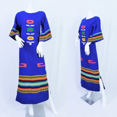 1960's Mexican Blanket Blue Woven Textile Caftan Hippie Dress I Bell Sleeves I Neon Colors I Sz Sm 
