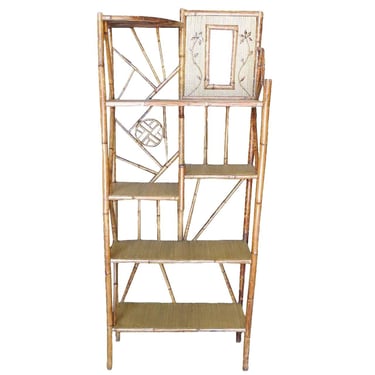 Restored Vintage Bamboo Six-Tier Hallway Shelf With Vanity Mirror 