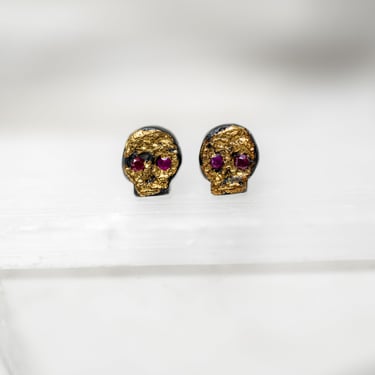 24k Gold, Ruby And Oxidized Sterling Silver Skull Earrings