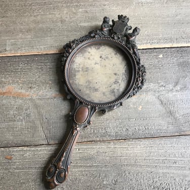 19th C French Bronze Hand Mirror, Beveled Mirror, Ornate Design, Coat of Arms, No Mirror, Collectable 
