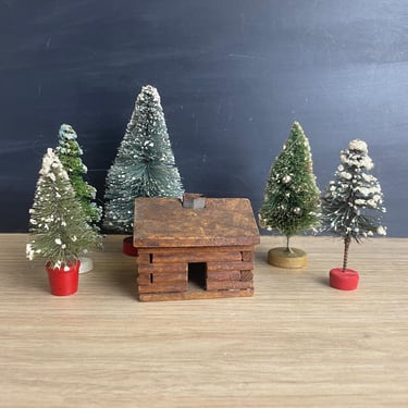 Bottle brush trees and log cabin incense burner - vintage Christmas decor 