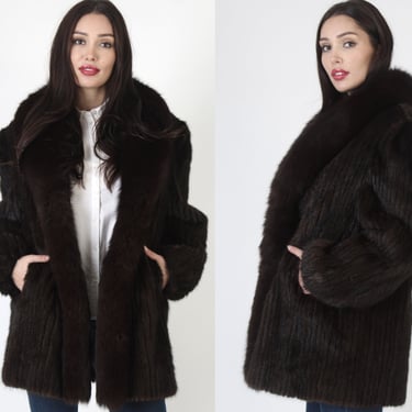 80s Dark Mahogany Plush Mink Fur Jacket XL / Soft Brown Arctic Fox Cropped Coat / Womens Luxurious Corded Overcoat 