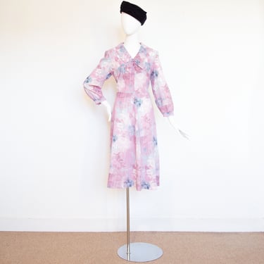 Vintage 60s Pink Blue White Floral Midi Shirtdress Chelsea Collar With Bow Wool Size M 