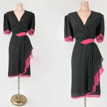 VINTAGE 80s Black and Hot Pink Crepe Draped Side Flounce Party Dress | 1980s Belted Cocktail Dress | P.C.F. Petites Styled by Hal Ferman 12 