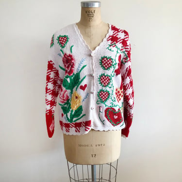 Intarsia Heart Motif Cardigan with Ceramic Heart Buttons - 1990s 