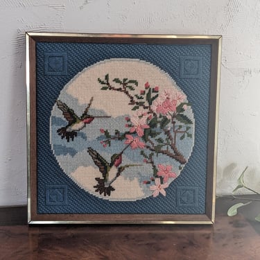 Vintage Crewel Embroidered Hummingbirds Wall Art 